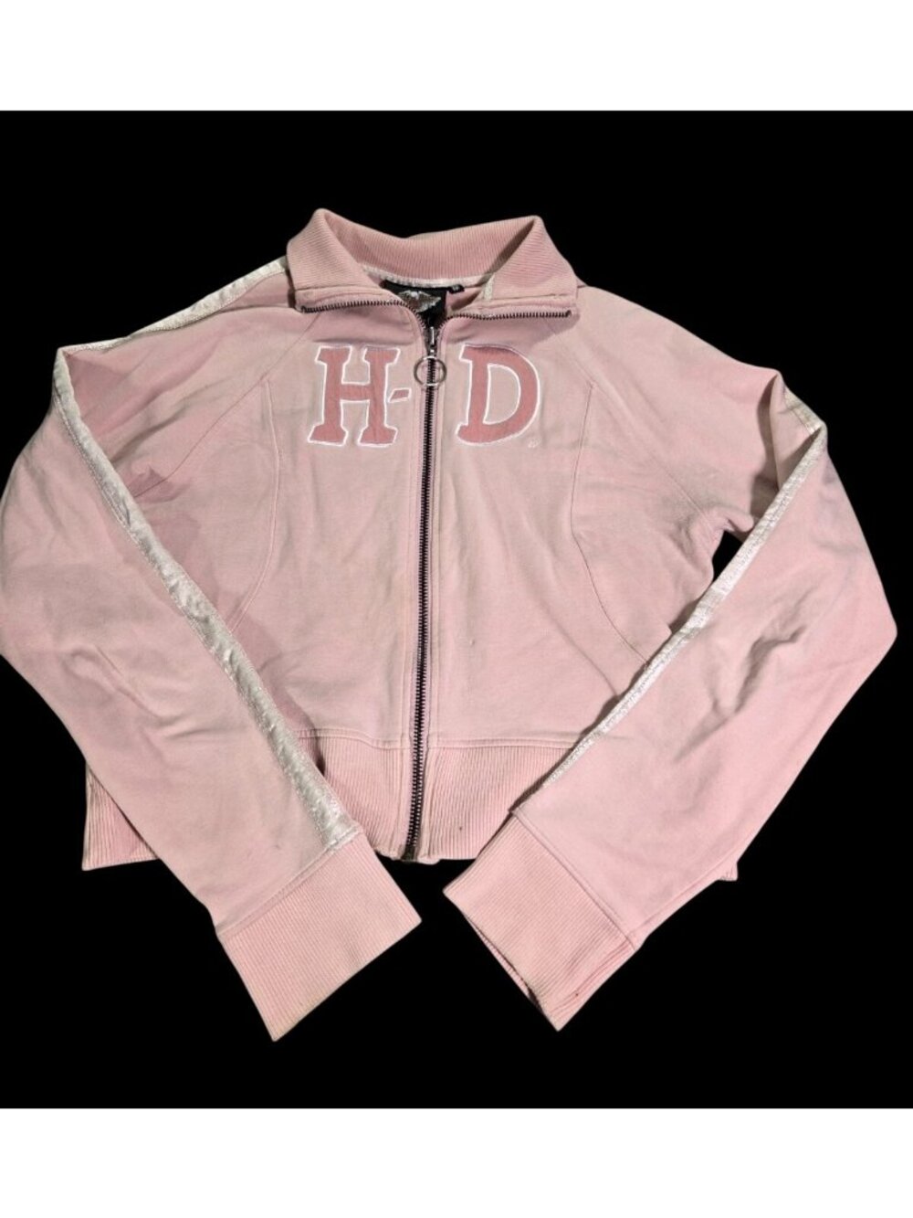 Y2K VTG Harley Davidson Baby Pink Cropped Logo Track Jacket M 90s Grunge Biker
